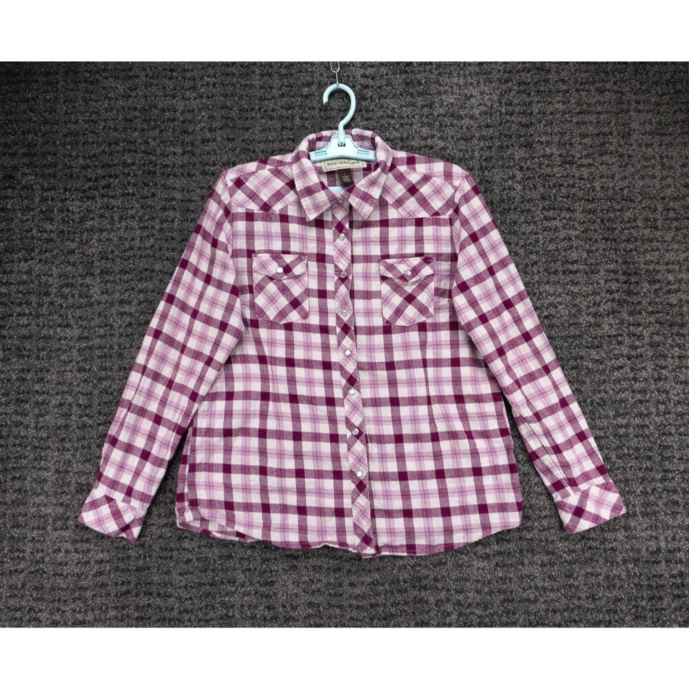 Bit & Bridle Shirt Womens Large Purple White Plaid Flannel Pearl Snap Western